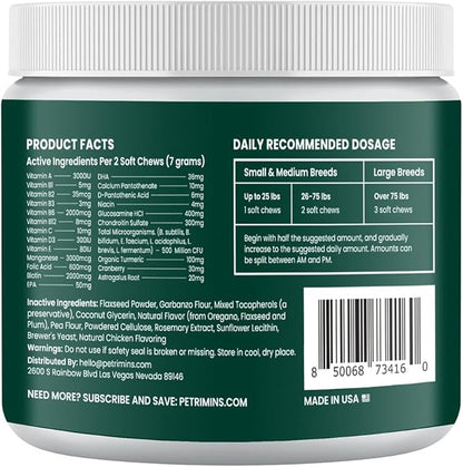 23-in-1 Dog Vitamins Supplements, Multivitamin Treats for Dogs with Glucosamine & Omega-3, Comprehensive Support for Hip & Joint, Digestion, Immune Health, Skin, Heart - 90ct, Chicken