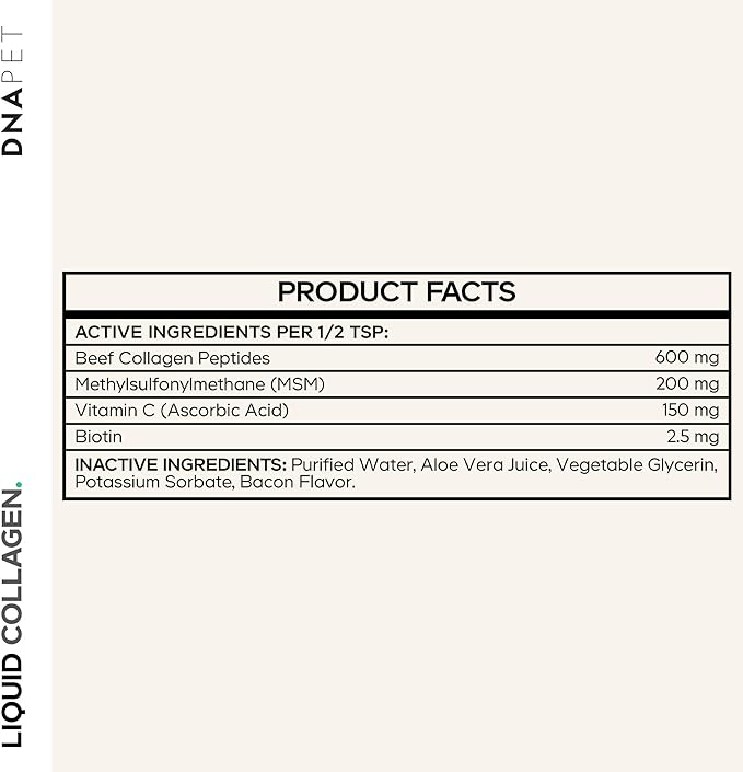 DNA PET Liquid Collagen for Dogs – Beef Collagen Peptides with Vitamin C, Biotin & MSM – Bacon Flavor Liquid Supplement for Skin, Coat & Joint Care – Canine Supplement - All Dog Breeds – 4 fl oz