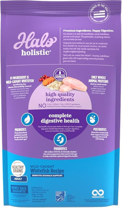 Halo Holistic Cat Food Wild Caught Whitefish Formula, Healthy Grains Dry Cat Food, For Sensitive Stomach Support, Kibble for Adult Cats, 6 lb Bag