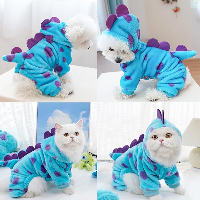Dinosaur Dog Clothes for Small Dogs - Fleece Winter Puppy Hoodies with Leash Ring, Cat Coat, Funny Dinosaur Costume for Christmas, Halloween (Blue, Small)