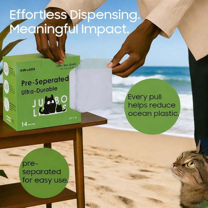 Cat Litter Box Liners [14 Count]-Large/Jumbo 37"x16"-Heavy Duty Scratch Resistance Drawstring Litter Bags-Dispenser Box No Tearing Needed-70% Recycled Ocean Plastic