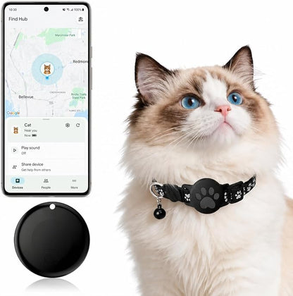 GPS Tracker for Cats, Cat Collar with Tracker for Android Users – No Monthly Fee, Google Find Hub Cat GPS Tracker Collar, IP67 Waterproof, Replaceable Battery Lasts 1 Year (Not Standalone GPS) (Black)