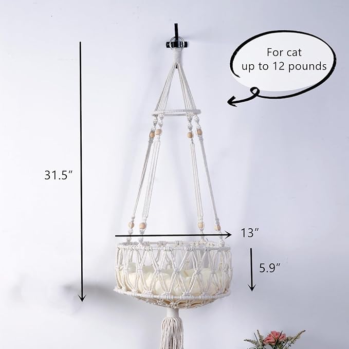 SHENGOCASE Macrame Boho Cat Hammock with 3 Steps and Hook, Wall Mounted Swing Bed, Hanging Cat Bed for Indoor Cats, Wall Furniture (13")