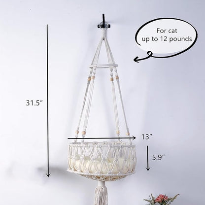 SHENGOCASE Macrame Boho Cat Hammock with 3 Steps and Hook, Wall Mounted Swing Bed, Hanging Cat Bed for Indoor Cats, Wall Furniture (13")