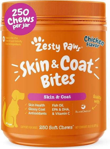 Zesty Paws Omega 3 Fish Oil for Dogs - Zesty Paw Dog Vitamins and Supplements for Hip, Joint & Skin, Chicken (250 Chews)