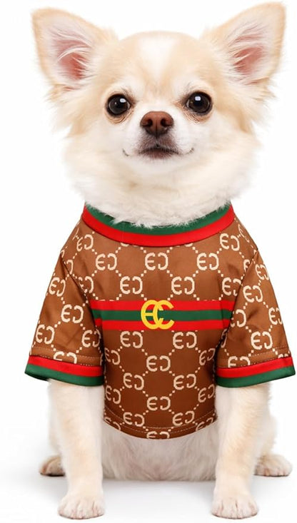 Luxury Designer Dog T Shirt – Trendy Puppy Clothes for Small Dogs, Fashion Pet Tee for French Bulldogs & Chihuahuas, Everything Chic Dog Apparel (GucchewiTee, Large)