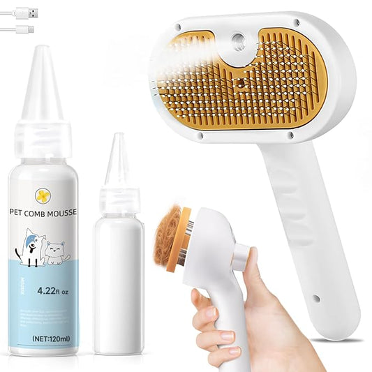 Pet Steam Brush for Dog & Cat – 3-in-1 Spray Hair Removal Comb for Shedding & Grooming, Softens Fur & Reduces Static – Water Brush for Long & Short Coats, Bath-Hating Pets, Includes Waterless Shampoo