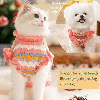 Pink Small Dog Sweater Female, Knitted Cat Sweater, Fall Girl Puppy Clothes, Turtleneck Doggy Cable Knitwear, Warm Pet Clothing for Chihuahua Yorkie Bulldog Teacup (Pink, Small)