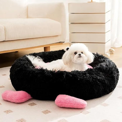 Calming Dog Cat Bed, Anti-Anxiety Donut Warming Cozy Soft Round Bed, Machine Washable, Fluffy Faux Fur Plush Cushion Bed for Small Medium Dogs and Cats