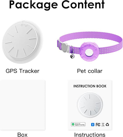 GPS Tracker for Cats, Cat GPS Tracker Compatible with Apple Find My App (Only iOS), No Monthly Fee Cat Tracker, Waterproof (White Tracker, Purple Cat Collar)