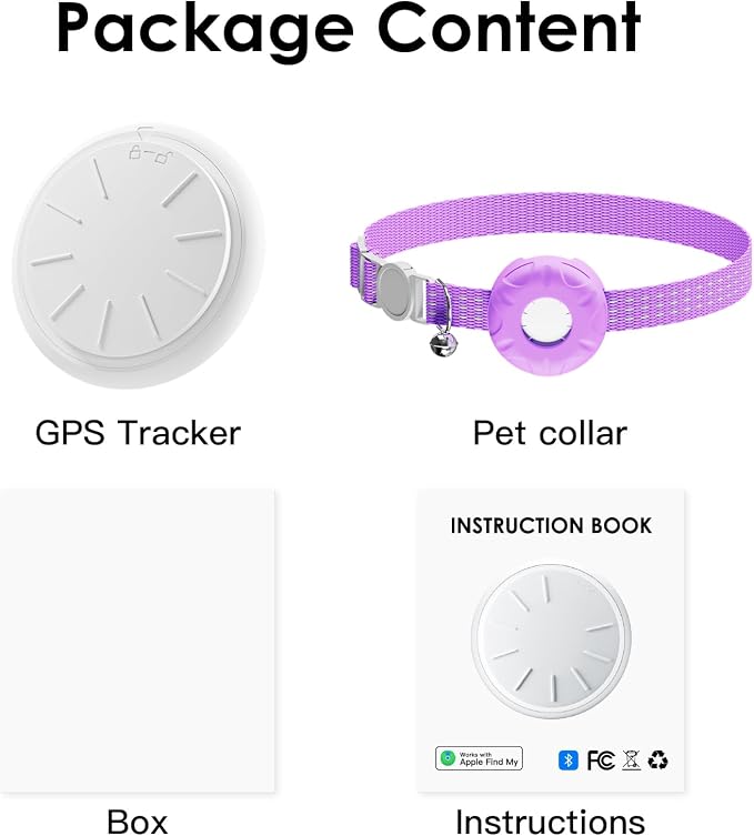 GPS Tracker, Bluetooth Mini GPS Dog Tracker, Cats Tracker Including Cat Collars, No Monthly Fee Cat GPS Tracker, Work with Find My APP (Only iOS), Finder Tag for Pets, Items etc, Purple