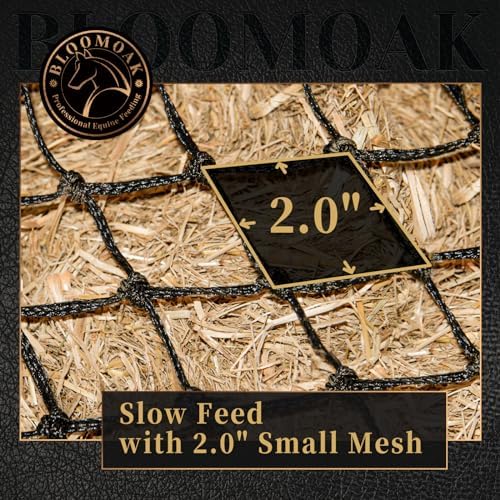 Bloomoak Slow Hay Net Feeder for Horses, Durable Soft Black PE 2String Hay Bales Bags with 2" Hole, Fit 36 * 18 * 18" Square Bale Easily…