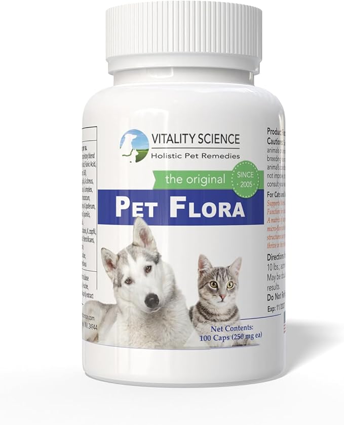 Vitality Science Pet Probiotic for Cats & Dogs | Pet Flora - Great for Diarrhea, Vomiting, Gas, Skin Conditions - Additive Free (100 Caps)