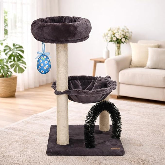 Simple Deluxe 27.8" Small Cat Tree with Easter Eggs,Multi-Level Cute Cat Tree with Scratching Post| Plush Hammock| Perch| Random 3 Pcs Easter Eggs| Groomer Brush for Kittens Play & Rest