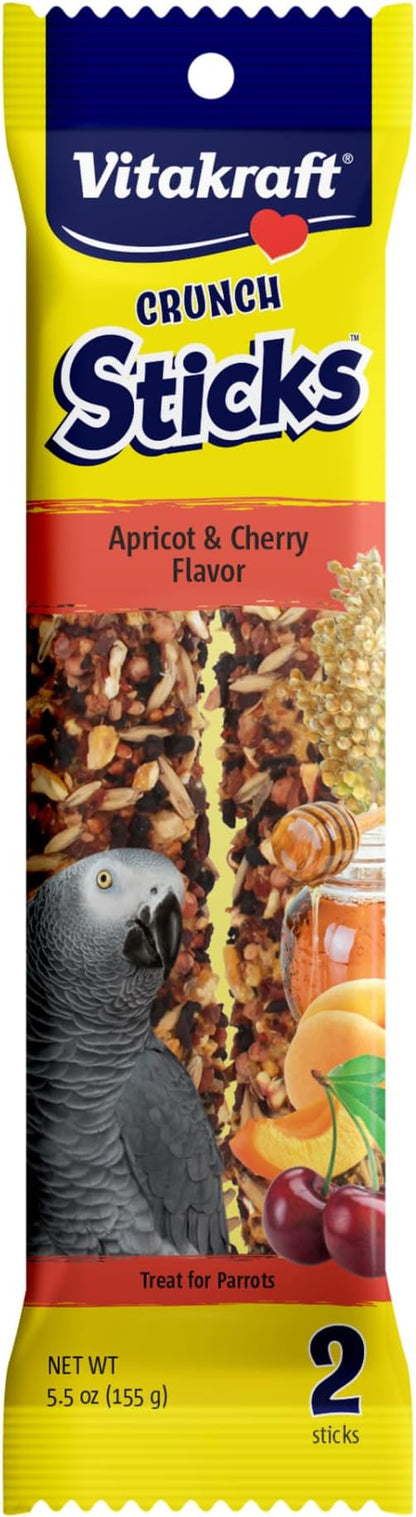 Vitakraft Crunch Sticks for Parrots Apricot and Cherry Flavor Natural Wood Chew Center with Clip Holder Long Lasting Treats for Conures and Parrots - 5.5 oz 2 Sticks