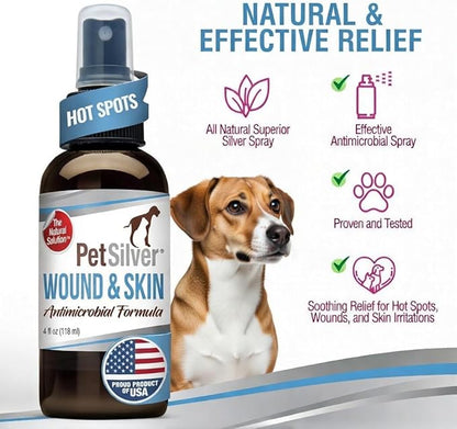 PetSilver Antibacterial Wound & Skin Spray | Dog Hot Spot Treatment & Cat Wound Spray | Chelated Silver Skin Soother for Rashes & Sores | Dog Wound Care & Itch Spray - 4 fl oz