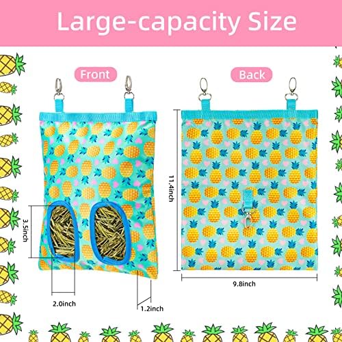 2Packs Large Rabbit Hay Feeder Bag, Upgraded Guinea Pig Hay Feeder with 3 Hooks, Chew Proof Washable Hay Bag for Rabbits Bunny Chinchilla Hamster, Mess Free Grass Holder 2 Holes, 9.8x11.4 Inch