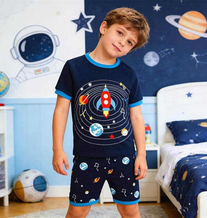 Popshion Boys Pajamas 100% Cotton Toddler Clothes Summer Pjs for Boy Planet Dinosaur Sleepwear Kids Short Sets 2-10 Years