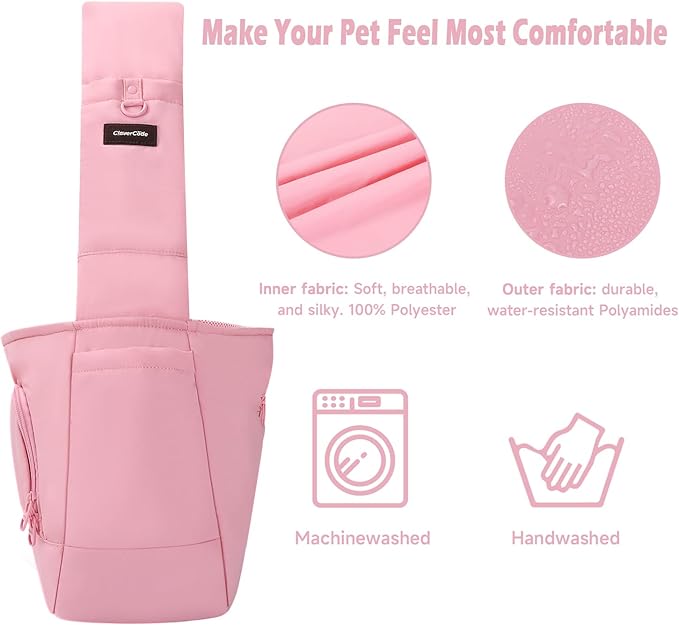 Pet Sling Carrier for Small to Medium Dogs and Cats, Fits 10–20lbs, Adjustable Soft Padded Shoulder Strap Dog Sling Carrier with Storage Pocket for Hands-Free Outdoor Travel & Hiking Pink