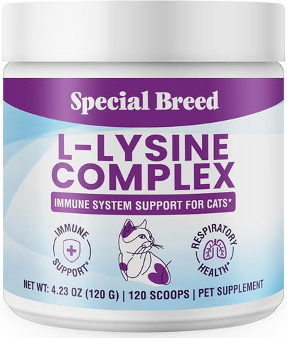 Special Breed L-Lysine for Cats and Kittens – Immune, Respiratory and Eye Support – Cat Sneezing and Runny Nose Relief – Lysine Powder with Prebiotics, Krill, Bone Broth and DMG – 120 Servings