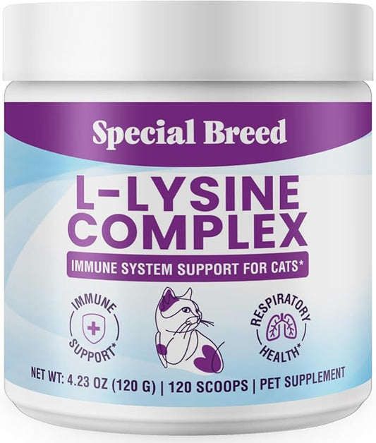 Special Breed L-Lysine for Cats and Kittens – Immune, Respiratory and Eye Support – Cat Sneezing and Runny Nose Relief – Lysine Powder with Prebiotics, Krill, Bone Broth and DMG – 120 Servings