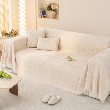 AMWAN Simple Sofa Cover for Living Room Creamy Beige Chenille Couch Cover for Dogs,Cats,Kids 3 Cushion Sofa Slipcover for Sectional Sofa Machine Washable 71"x134"