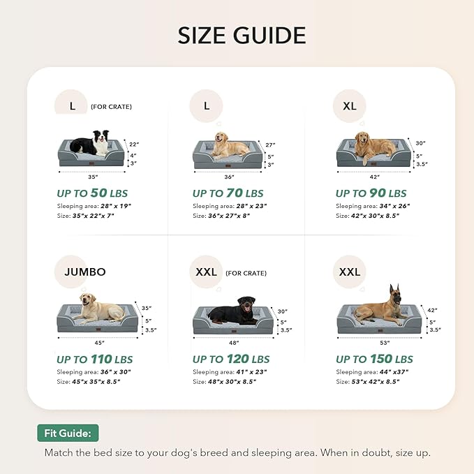 Orthopedic Dog Beds for Extra Large Sized Dogs, Waterproof Memory Foam XL Pet Bed with Sides 42x30Inch, Non-Slip and Egg-Crate Foam Big Dog Couch Bed with Removable Washable Cover, Grey