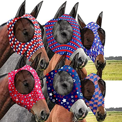 Chunful 6 Pcs 4th of July Horse Fly Masks with Ears 250th Anniversary Fly Masks Comfort Stretchy UV Protection American Flag Stars Breathable Mesh for Memorial Day Horse Supplies(Medium)