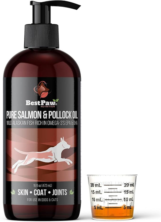 Best Paw Nutrition Wild Alaskan Salmon & Pollock Oil for Dogs & Cats – Fish Oil for Dogs Liquid Pump – Omega 3 EPA DHA – Skin & Coat, Itch & Shedding Support – Joint Supplement – 16 oz