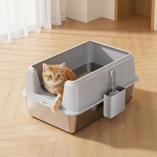 Non-Stick Stainless Steel Litter Box, Side Opening Splash-Proof & Leak-Proof Large Metal Cat Litter Box with Lid & Scoop, Easy-Clean & Durable, 8'' Deep Grey