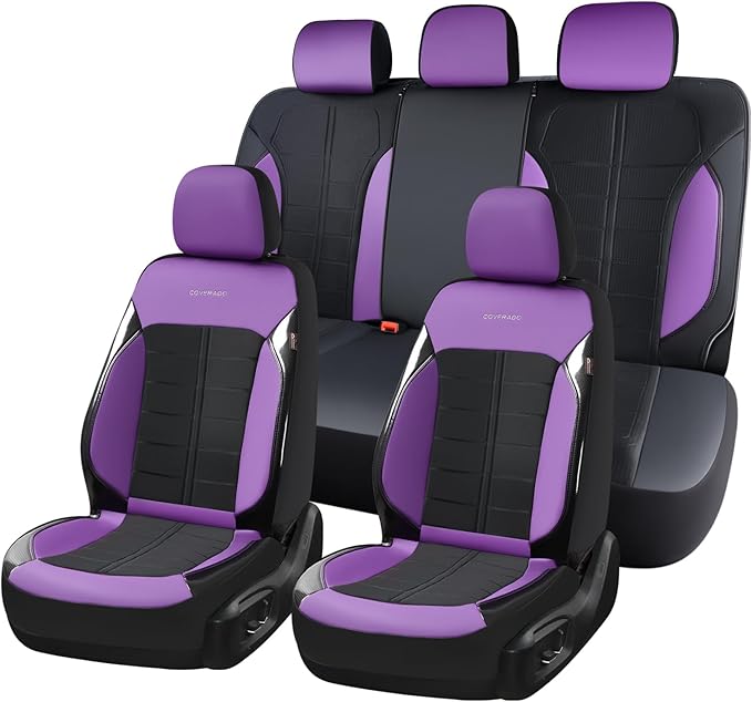 Coverado 3D Air Mesh Car Seat Cover Full Set, Sports Carbon Fiber Design, Breathable Seat Protectors Airbag Compatible Comfort Universal for Most Cars, Van,Trucks, SUV, Black&Purple