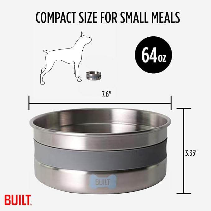 BUILT Dog Bowl - 64 Oz Stainless Steel Pet Bowl with Soft Grip & Non-Slip Base - Double Wall 18/8 Steel Food & Water Dish for Dogs & Cats, Durable, Easy to Clean & Ideal for Daily Feeding