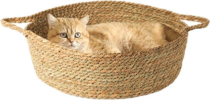 Rattan Cat Litter Pet Bed for Home Pet Supply Pet Sleeping Cat Beds Rattan Cat Dog Kitten Bed Basket Cooling Pet Nest Cat Supply Indoor Cat Cattail Grass to Weave (Cattail Split,Medium)