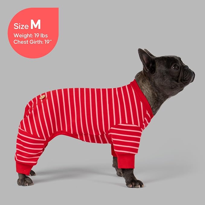 KYEESE Dog Pajamas, Stretchable Velvet Fleece 4 Legs Doggie Jammies, Striped Jumpsuit Pet Onesie, Cozy Outfit Comfortable Dog Clothes, Hair Shedding Cover Pet Sleepwear,Red Striped, Medium