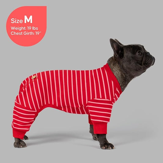 KYEESE Dog Pajamas, Stretchable Velvet Fleece 4 Legs Doggie Jammies, Striped Jumpsuit Pet Onesie, Cozy Outfit Comfortable Dog Clothes, Hair Shedding Cover Pet Sleepwear,Red Striped, Medium