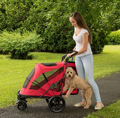 Pet Gear NO-Zip Pet Stroller with Dual Entry, Push Button Zipperless Entry for Single or Multiple Dogs/Cats, Pet Can Easily Walk in/Out, No Need to Lift Pet, Gel-Filled Tires