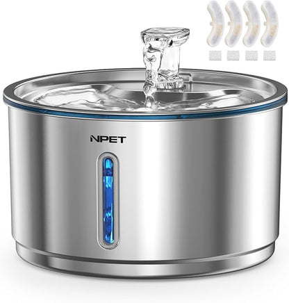 NPET Stainless Steel Cat Water Fountain, 1Gallon/135oz Automatic Pet Drinking Fountain Dog Water Dispenser with 4 Replacement Filters for Cats Indoor
