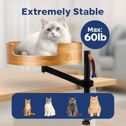 Cat Desk Bed with Fish Toy, Cat Bed for Desk, 360° Rotating & Height Adjustable Cats Hammock, Raised Cats Beds Hammock, Pet Office Chair Attachment