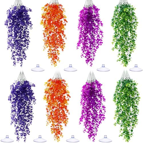Suncalla 8 Pack Reptile Plants Terrarium Hanging Plant Vine Boston Climbing Terrarium Plant with Suction Cup for Bearded Dragons Lizard Crested Gecko Snake Crab Tank(Multicolor Series,4 Colors)