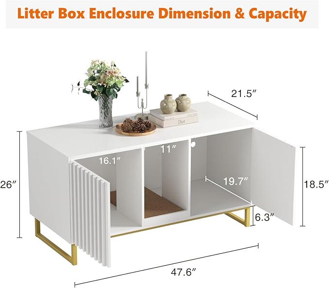 Halitaa Double Litter Box Enclosure,Modern Cat Litter Box Enclosure for 2 Cats, Hidden Litter Box with Cat Scratch Pad, Cat Washroom Cat House End Table, Entryway Bench for Livingroom (White)