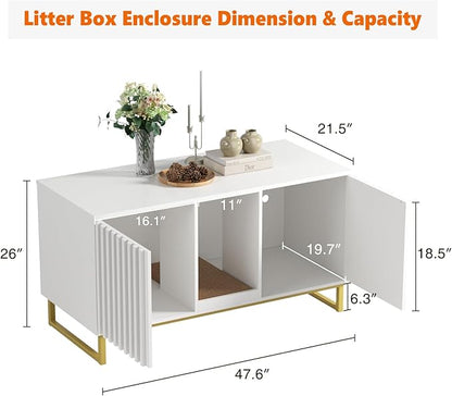 Halitaa Double Litter Box Enclosure,Modern Cat Litter Box Enclosure for 2 Cats, Hidden Litter Box with Cat Scratch Pad, Cat Washroom Cat House End Table, Entryway Bench for Livingroom (White)
