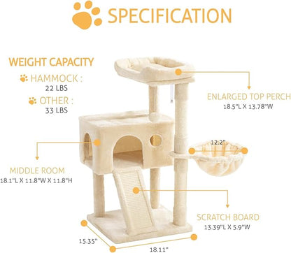 SHA CERLIN Cat Tree 36 Inches Cat Tower with Hammock, Sisal Scratching Post for Indoor Kittens, Small Room, Beige
