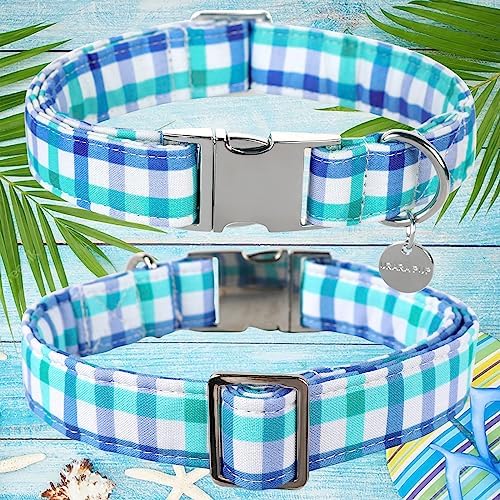 Blue Plaid Summer Cotton Dog Collar with Metal Buckle Gift Collar for Small Medium Large Girls or Boys Dogs Cute Durable Comfortable Pet Collars