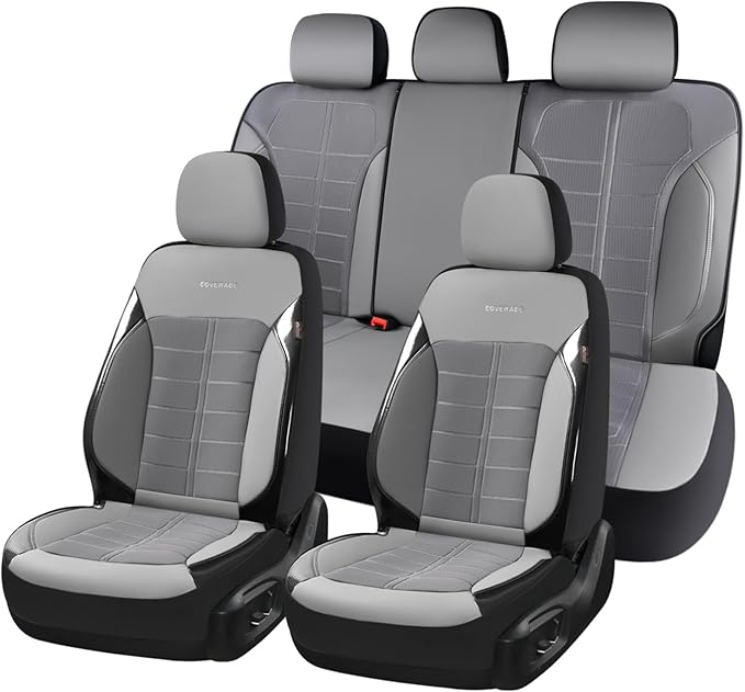 Coverado 3D Air Mesh Car Seat Cover Full Set, Sports Carbon Fiber Design, Breathable Seat Protectors Airbag Compatible Comfort Universal for Most Cars, Van,Trucks, SUV, Grey