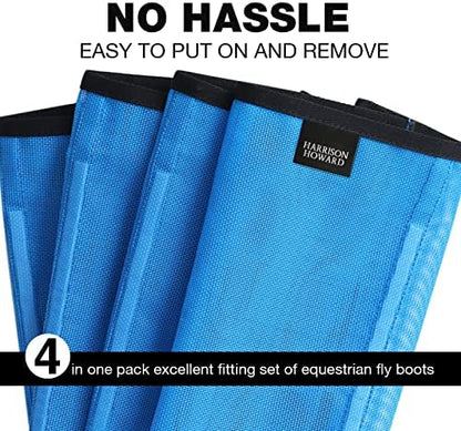 Harrison Howard Loose Fitting Fly Boots UV-Protective Extra Tough Mesh Ventilated Four Fasteners Stay-on Design Protect Horse Legs & Stomp-Reducing Set of 4 Sky Blue Pony