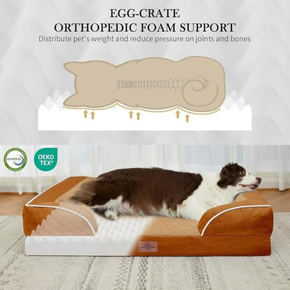 Comfort Expression Orthopedic Dog Bed for Large Dogs 36x27 Inch, Waterproof Supportive Egg Crate Foam Large Pet Bed with Removable Bolsters, Dog Couch with Washable Cover & Non-Slip Bottom, Orange