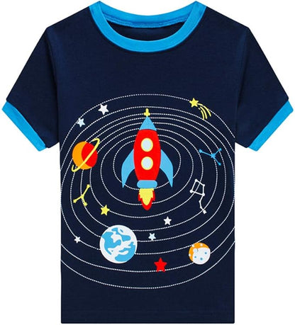 Popshion Boys Pajamas 100% Cotton Toddler Clothes Summer Pjs for Boy Planet Dinosaur Sleepwear Kids Short Sets 2-10 Years