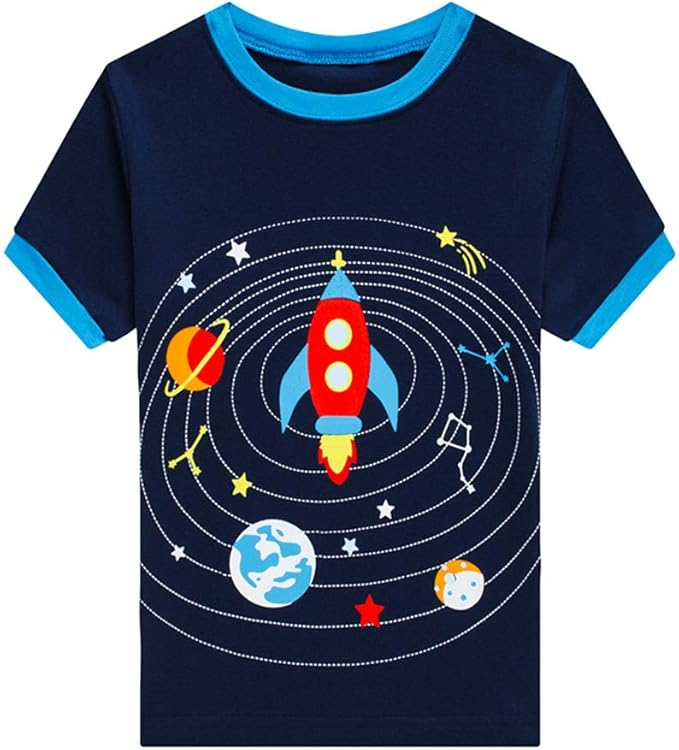 Popshion Boys Pajamas 100% Cotton Toddler Clothes Summer Pjs for Boy Planet Dinosaur Sleepwear Kids Short Sets 2-10 Years