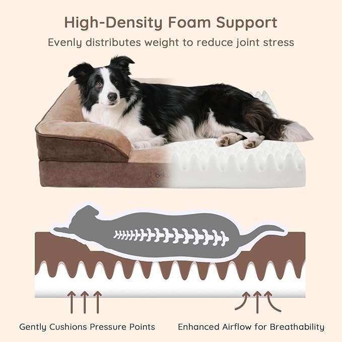 BELLA & PAL Orthopedic Dog Sofa Bed for Medium/Large Dogs – No Assembly Needed, Chew-Proof Egg-Crate Foam Dog Couch with Waterproof Liner, Washable Removable Cover (Brown, 36" L x 27" W x 6.5" Th)