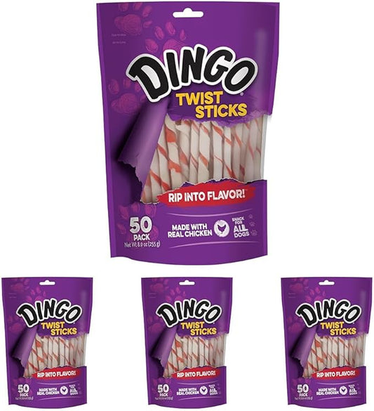Dingo Twist Sticks Rawhide for Dogs,Made with Real Chicken,50 Count (Pack of 4)